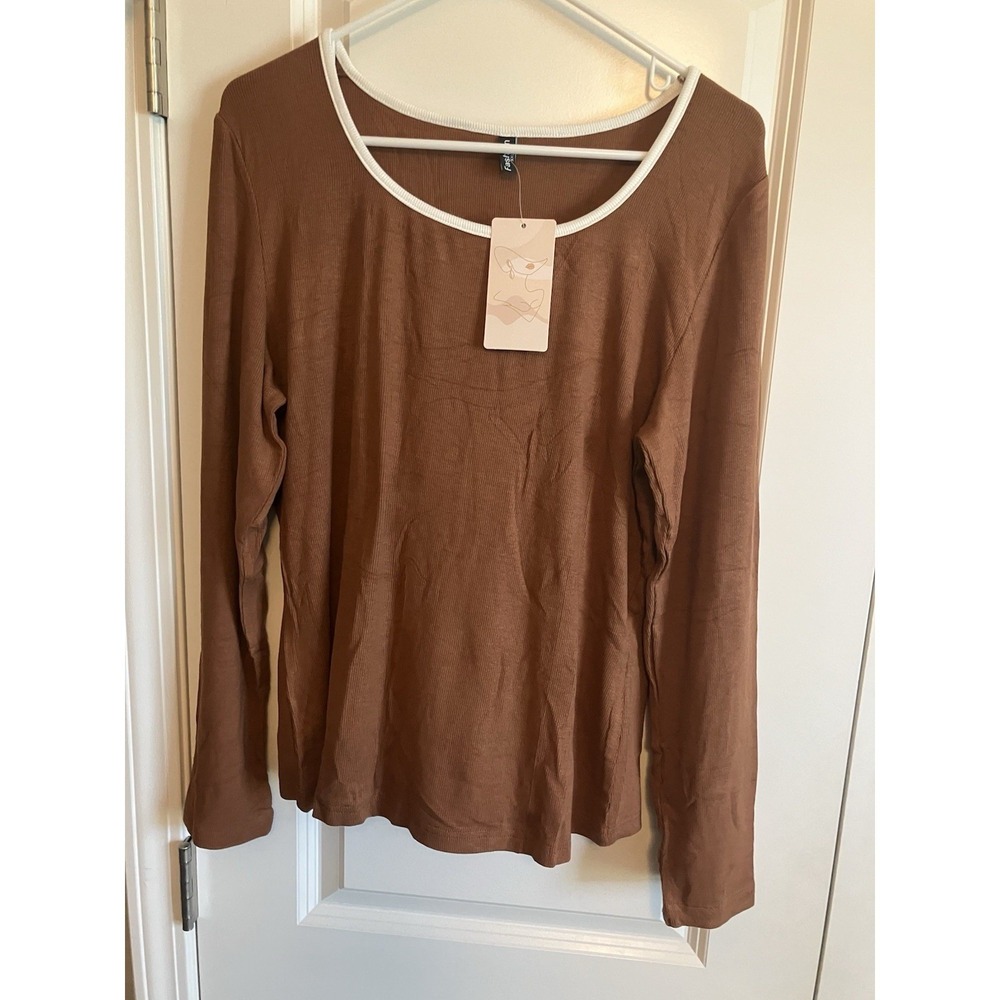 Fashion Ribbed Knit Top Women 2XL Brown New Long Sleeve Crew Neck Stretch c435